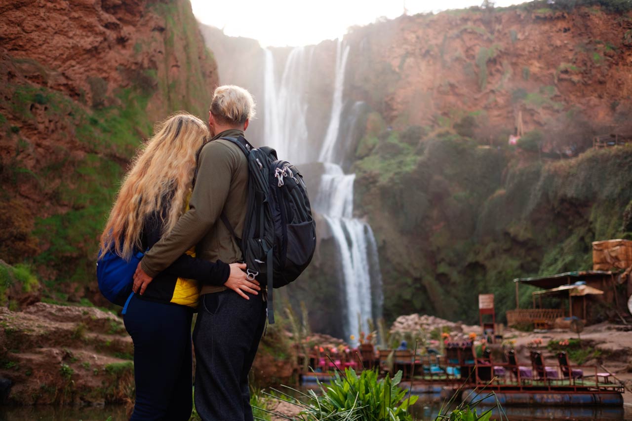 Adventurer couple near Ouzoud waterfall in Morocco